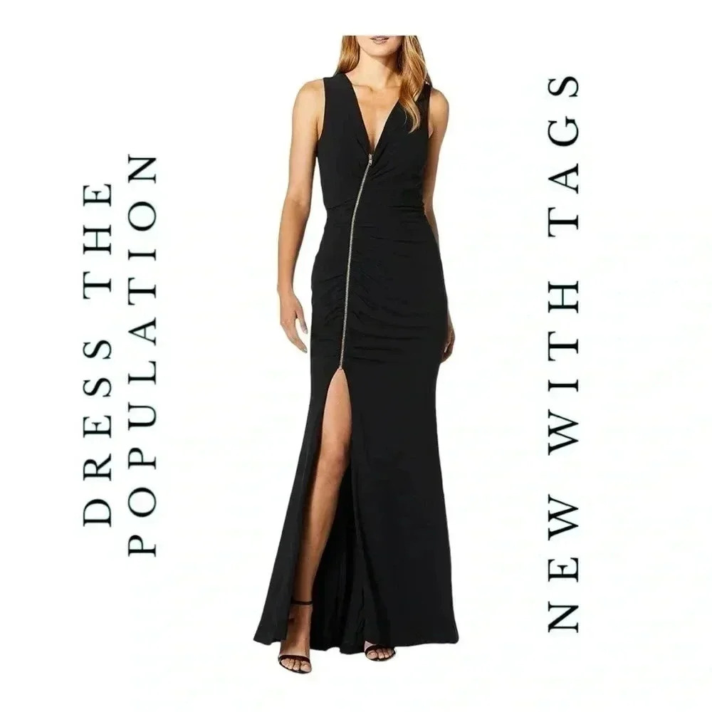 156. DRESS THE POPULATION CHER EXPOSED ZIPPER‎ PLUNGING LONG GOWN DRESS SIZE XL